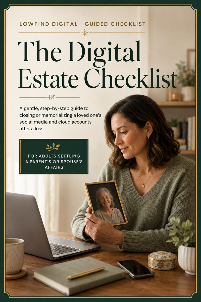 Digital Estate Checklist cover featuring a woman holding a framed photograph beside a laptop while settling a loved one’s digital accounts.
