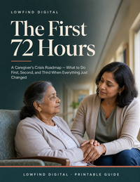 The First 72 Hours caregiver crisis roadmap cover showing an Indian caregiver holding hands with her elderly mother.

