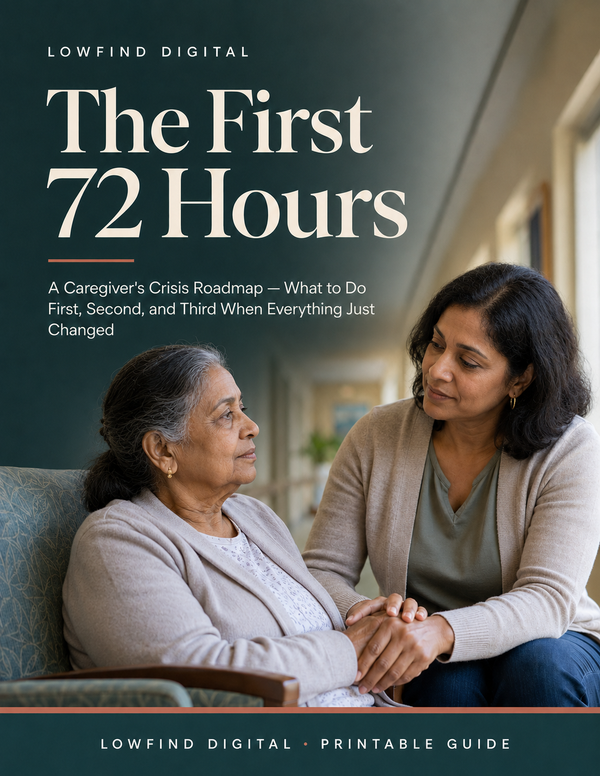 The First 72 Hours caregiver crisis roadmap cover showing an Indian caregiver holding hands with her elderly mother.

