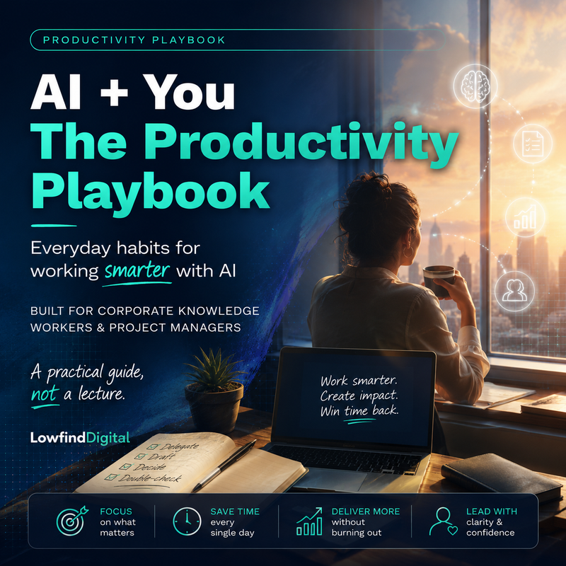 AI + You The Productivity Playbook cover showing a professional at a workspace with AI productivity icons and practical benefits for knowledge workers.