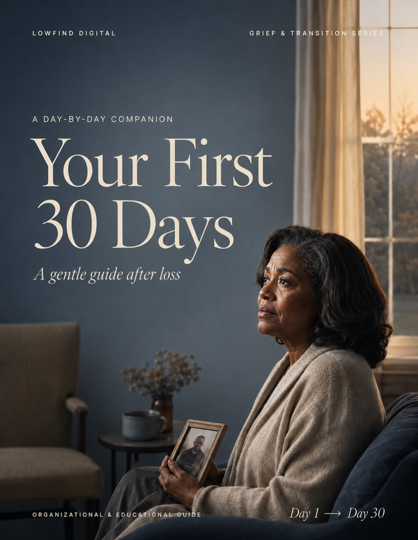 Your First 30 Days grief guide cover featuring a reflective woman holding a framed photograph of her late spouse.
