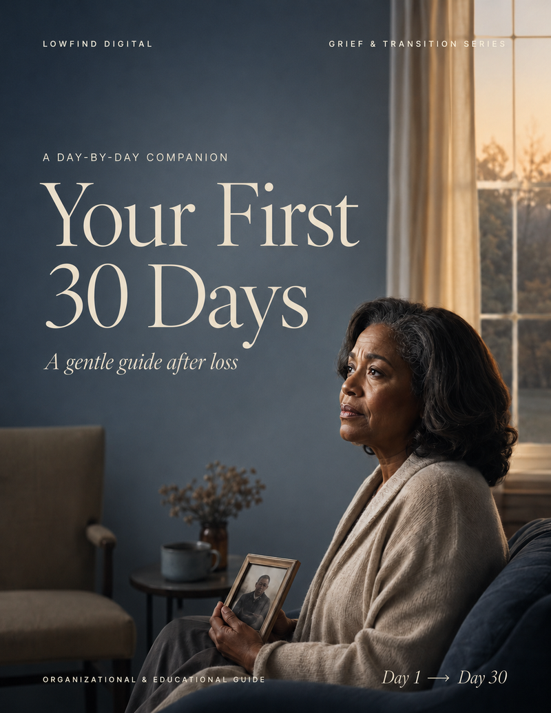 Your First 30 Days grief guide cover featuring a reflective woman holding a framed photograph of her late spouse.

