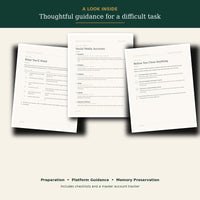 Collage of three Digital Estate Checklist pages covering preparation, social media accounts, and preserving important family memories.
