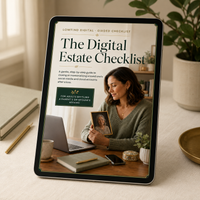 Tablet mockup displaying The Digital Estate Checklist cover on a warm, elegant home-office desk.
