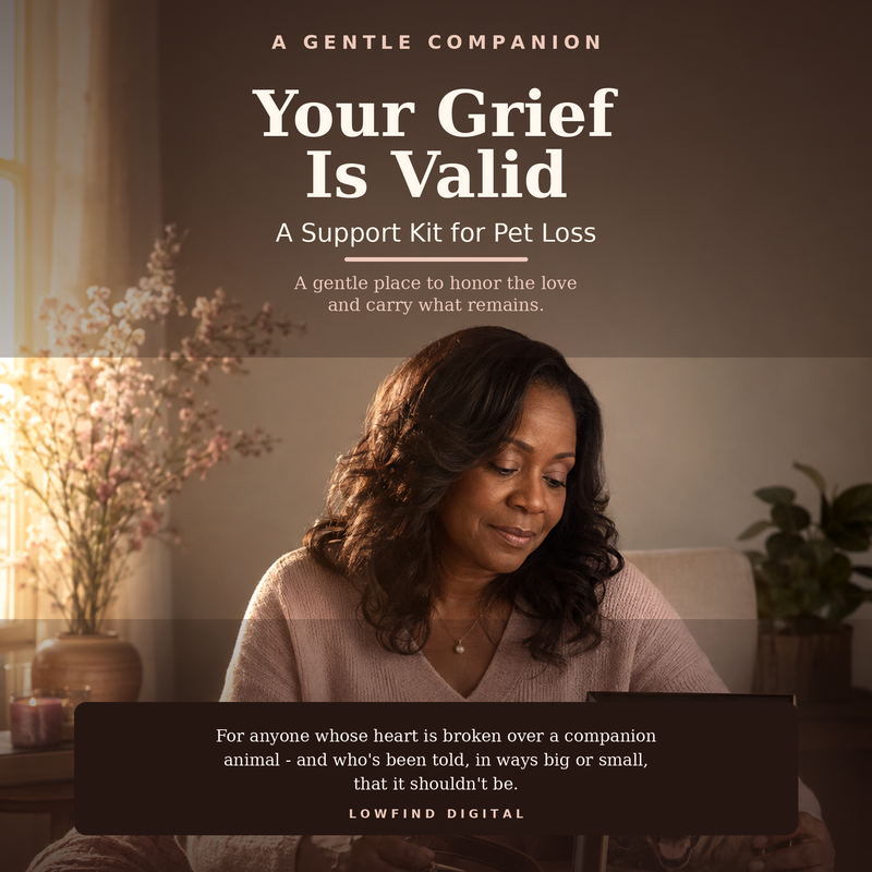 Your Grief Is Valid pet loss support kit cover showing a grieving Black woman holding her dog’s collar beside a framed photograph.