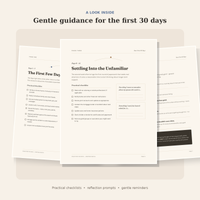 Interior preview of the Your First 30 Days grief guide showing practical checklists, reflection prompts and gentle grief reminders.
