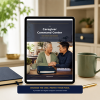 The Caregiver Command Center digital guide displayed on a tablet in a calm, organized home workspace.