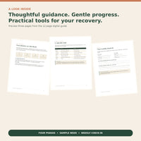 Interior pages from the Getting Your Strength Back guide showing four recovery phases, a sample week, and a weekly check-in