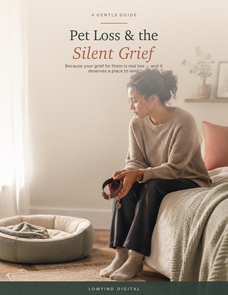Pet Loss and the Silent Grief guide cover showing a woman holding a dog collar beside an empty pet bed.
