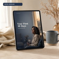 Your First 30 Days digital grief guide displayed on a tablet in a calm home setting with a soft blanket and ceramic mug.
