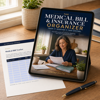 Medical Bill and Insurance Organizer displayed on a tablet beside a printable fillable medical bill tracker