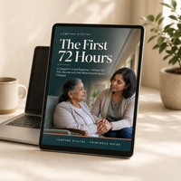 The First 72 Hours digital caregiver guide displayed on a tablet beside a laptop on a softly lit desk.
