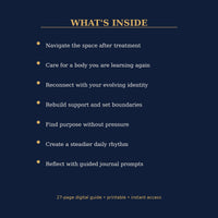 What’s Inside graphic highlighting body care, identity, support, boundaries, purpose, daily routines, and reflection prompts