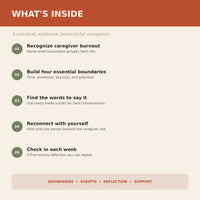 What’s included in the Running on Empty caregiver guide: burnout recognition, boundaries, conversation scripts, self-connection, and weekly reflection.