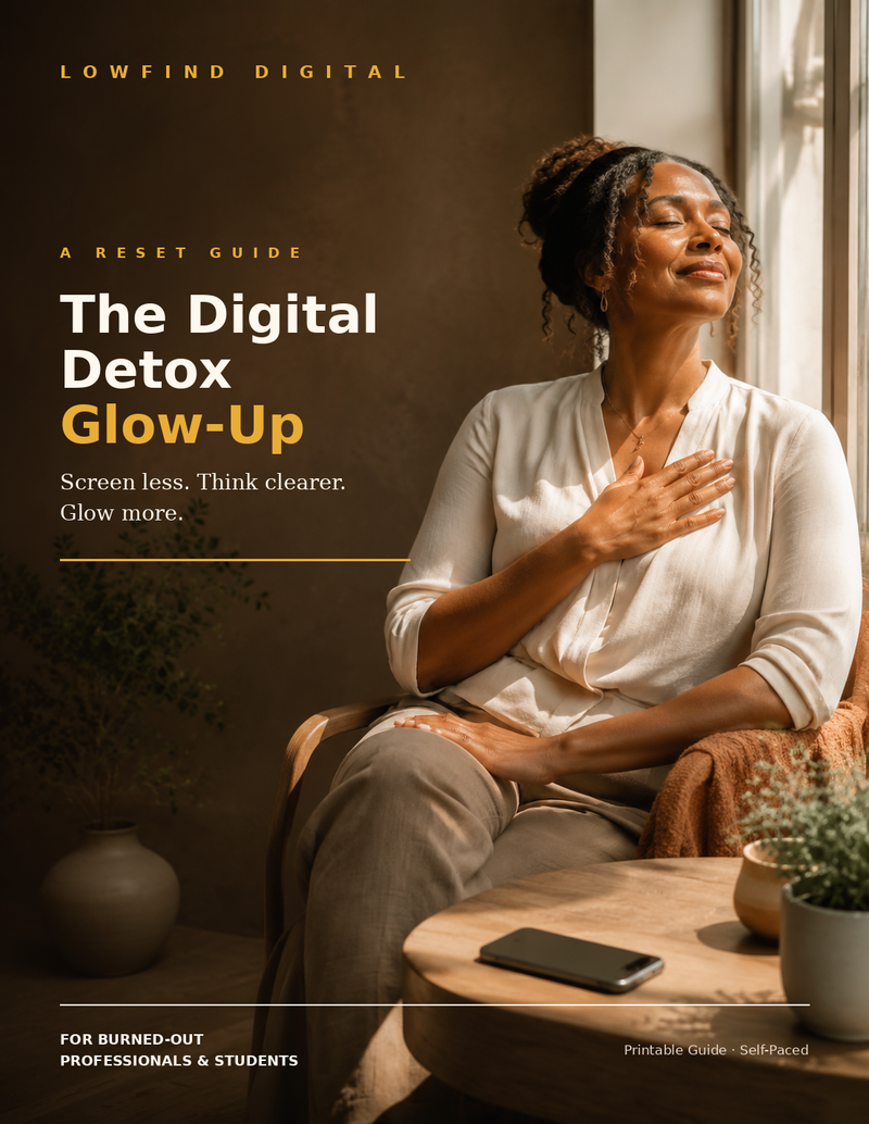The Digital Detox Glow-Up guide cover featuring a calm Black woman resting beside a window with her phone set aside.
